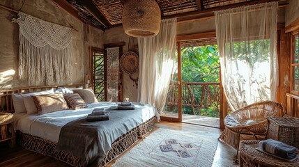 Cozy Natural Bedroom with Rustic Decor and Lush Green View