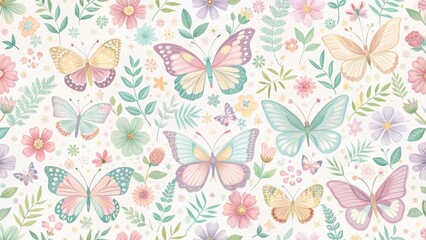 Pastel floral butterfly seamless pattern for spring , gentle, whimsical,  gentle