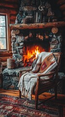 Fototapeta premium Cozy Fireplace Scene in Rustic Cabin with Warm Glow and Textiles