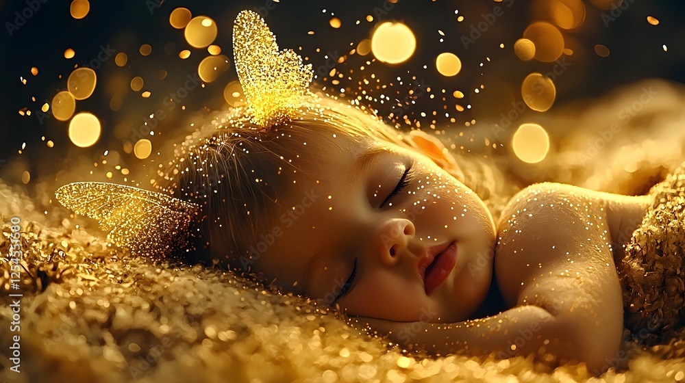 Aufkleber ethereal fairy with shimmering wings gently sprinkling golden magical dust over a sleeping child cre