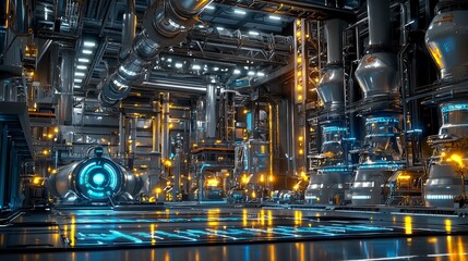 Futuristic Industrial Space with High-Tech Machinery and Neon Lighting in a Dynamic Manufacturing Environment