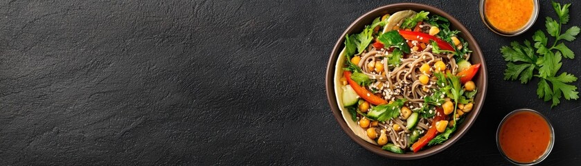 Soba Noodle Salad Served in a Taco Shell Topped with a Colorful Assortment of Fresh Vegetables Herbs and Spices for a Healthy and Flavorful Meal or Snack