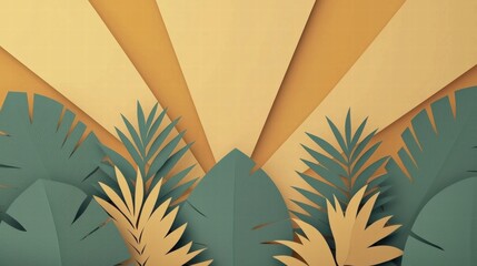 Vibrant Tropical Sunrise with Layered Leaves: A Creative Paper Art Design Perfect for Modern Backgrounds and Tropical Themed Projects.