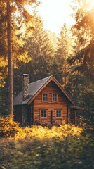 Cozy log cabin nestled in serene forest during golden hour sunlight