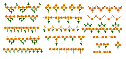  Orange floral indian garland of flowers marigold. Traditional holiday decoration for national events India.  Frame and border for greeting card. Set Flat vector cartoon illustration.