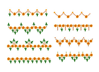  Orange floral indian garland of flowers marigold. Traditional holiday decoration for national events India.  Frame and border for greeting card. Set Flat vector cartoon illustration.