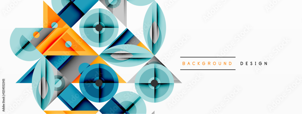 Poster Geometric abstract composition with intersecting shapes, circles, triangles, and gradients, blending vibrant colors and dynamic contrasts to create a modern, futuristic visual design