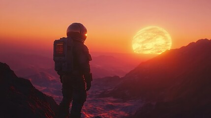Astronaut Contemplating Sunset on Alien Planet