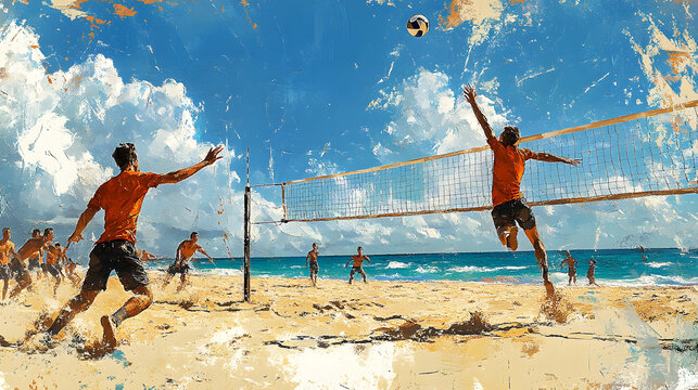 A vibrant painting of a beach volleyball match. Players leap and dive, capturing the excitement of the game under a sunny sky. Beach Volleyball Action: A Dynamic Summer Day