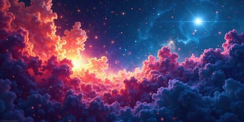 Fototapeta premium A breathtaking celestial landscape of vibrant clouds illuminated by radiant stars and a luminous sun, a dreamy vision of cosmic wonder
