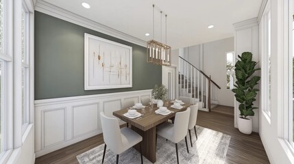 Elegant White-Dining Room Mockup with Centered Table, Artwork, and Modern Decor in Contemporary Home Interior Setting