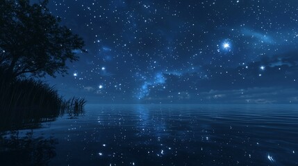 Fototapeta premium Tranquil Night Sky Over Serene Water with Stars and Reflections