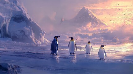 A group of penguins waddling on an icy shore,