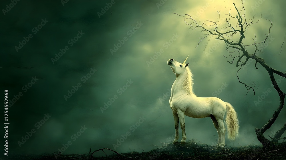 Poster majestic white unicorn standing tall and proud in a moody misty enchanted forest landscape the mythi