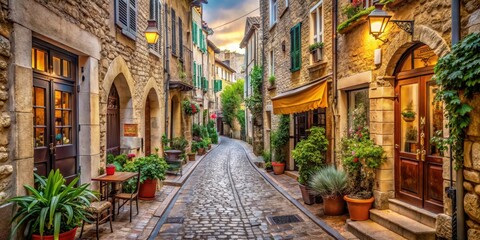 Fototapeta premium Narrow cobblestone street lined with ancient stone buildings and quaint shops, in the historic old town of Antibes, France, French Riviera, Quaint Shops