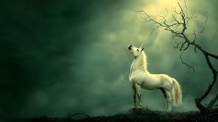 Majestic white unicorn standing tall and proud in a moody misty enchanted forest landscape  The mythical creature s silhouette is backlit creating a dramatic ethereal atmosphere