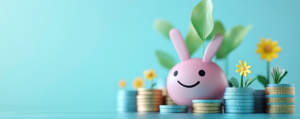 A cheerful piggy bank with bunny ears surrounded by coins and flowers, symbolizing savings and financial growth.