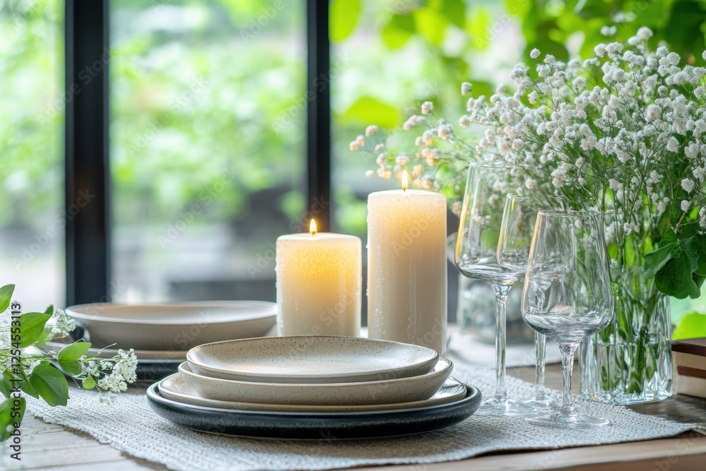Poster elegant festive dining table with floral arrangements and glowing candles in a cozy setting. generat