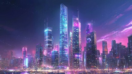 Obraz premium Futuristic Cityscape with Neon Lights and Skyscrapers at Night