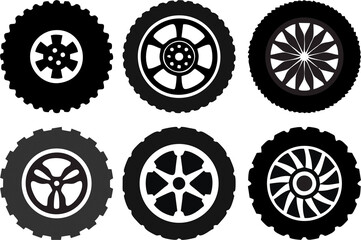 Car rims and wheels. Automobile rims silhouette, round vehicle wheel, industry pictogram. Cargo auto transport tires. Motor serve and maintenance workshop poster and banner on media and web.