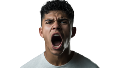 Young man shouting with transparent background: portrait of angry person screaming