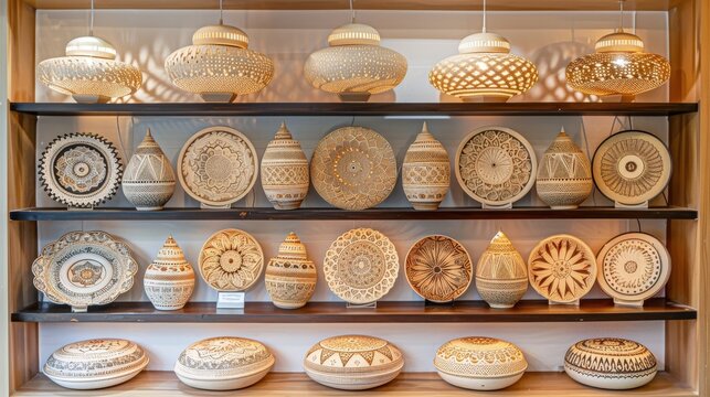 Decorative ceramic plates and vases with intricate patterns, arranged on shelves under soft lighting, showcasing detailed craftsmanship and traditional designs in a vibrant yet serene ambiance...