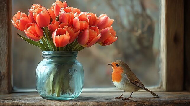 A rustic setting with a charming tulip bouquet in an antique jar while a bird perches nearby evoking a nostalgic feel