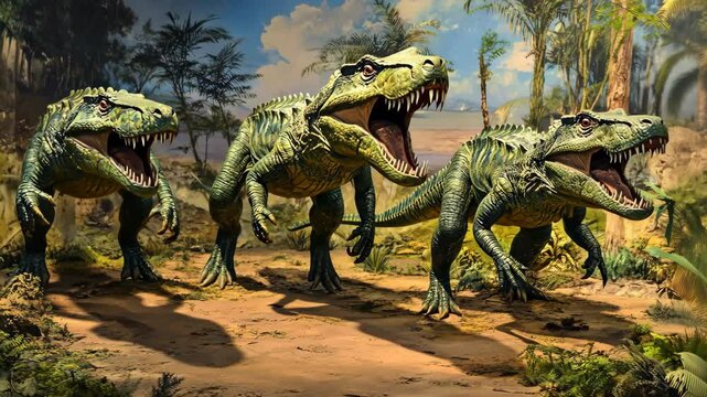 Dinosaurs roar in lush prehistoric landscape during daytime exploration