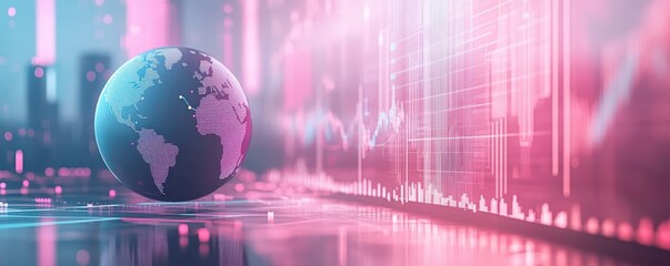 A digital globe sits against a backdrop of vibrant pink and blue data visuals, symbolizing global connectivity and data analysis.