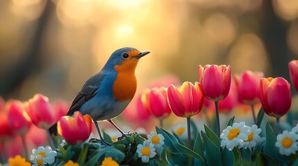 A serene nature inspired image showcasing a vibrant tulip bouquet and a bird resting peacefully in the foreground