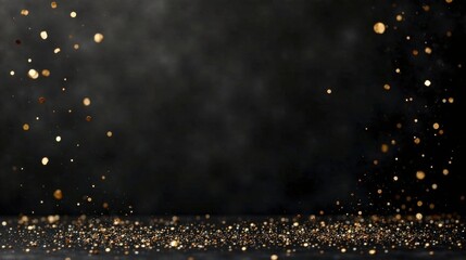 Obraz premium Dark Background with Golden Glittering Particles Falling and Settling on a Surface