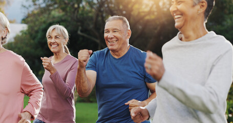 Senior man, fitness and group in garden at retirement village, health and exercise class in morning. People, happy and workout with diversity, excited and training with cardio in summer for wellness
