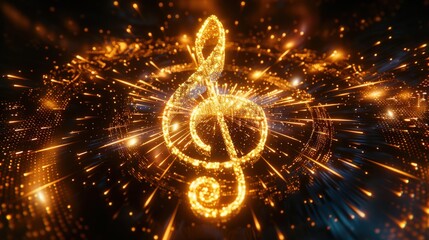 Glowing golden 3D treble clef surrounded by radiant sparkles and dynamic light trails, symbolizing artistic elegance, futuristic design, and the vibrant energy of music...