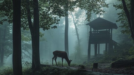 A deer grazing peacefully near a forester's watchtower in a misty forest. digital