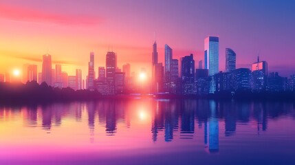 Fototapeta premium Cityscape at Sunset: Vibrant Reflections on Still Waters