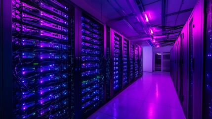 Illuminated Server Room:  A Data Center's Vibrant Core