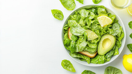 Obraz premium Fresh salad with avocado and lemon on a light background.
