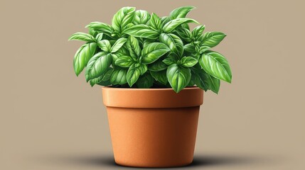 Fototapeta premium Lush basil plant in a terracotta pot with a neutral background, ideal for culinary themes