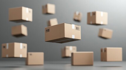 Floating Cardboard Boxes On Gray Background