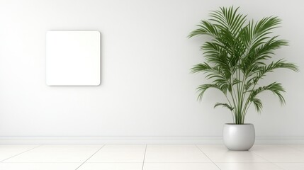 Modern interior with a potted plant beside a blank square frame on a minimalist wall