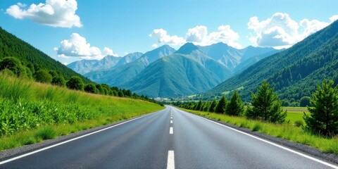 Naklejka premium Asphalt ribbon unwinding through verdant valleys towards majestic mountain peaks under a vibrant summer sky