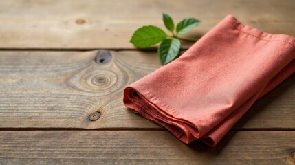 A coral colored folded napkin rests on a rustic wooden surface, near a sprig of green leaves.
