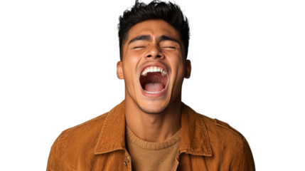 Young man shouting with transparent background, expressing excitement and joy