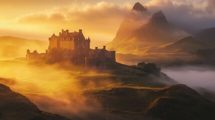 Obraz premium Majestic Castle on Scenic Hill During Mysterious Sunrise Fog