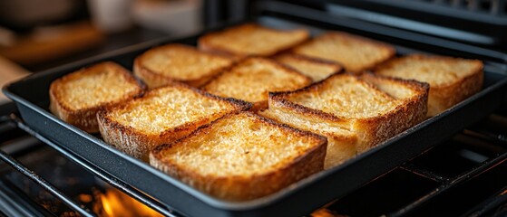 Toasted bread slices baking on a black tray in an oven with visible flames below