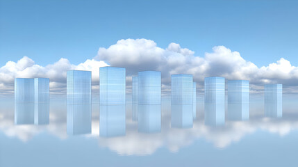 Fototapeta premium Glass towers reflect in calm water under clouds