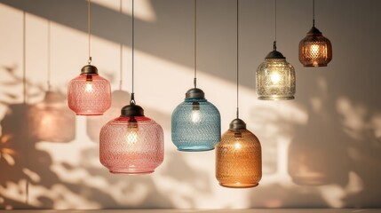 Obraz premium Hanging glass lamps create warm ambiance, casting colorful shado