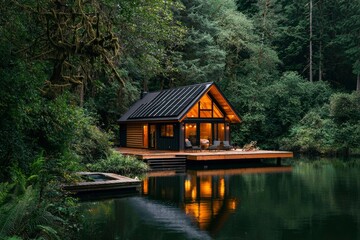 Fototapeta premium Cabin on lake with light glowing. Peaceful scene for vacation rentals