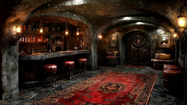 Mysterious medieval underground tavern with arched ceilings and warm lighting. Fantasy concept