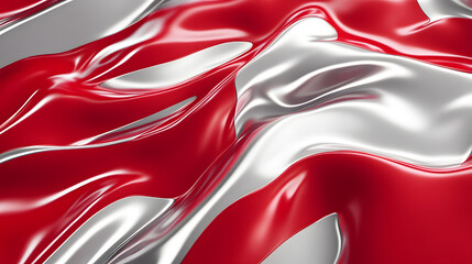 Red and white flag design featuring a silver stripe with abstract cosmic elements in the background